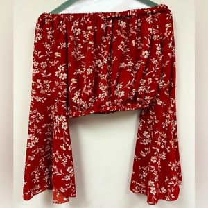Romwe Off the Shoulder Fluted Sleeve Red and White floral Crop Top Size Large